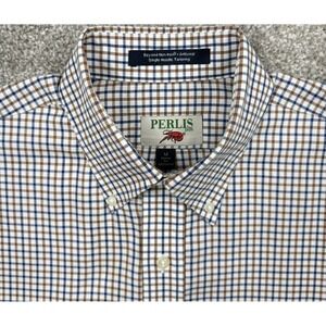 Perlis 1939 Mens M Button Down Shirt Blue Plaid Crawfish Classic Fit Cotton